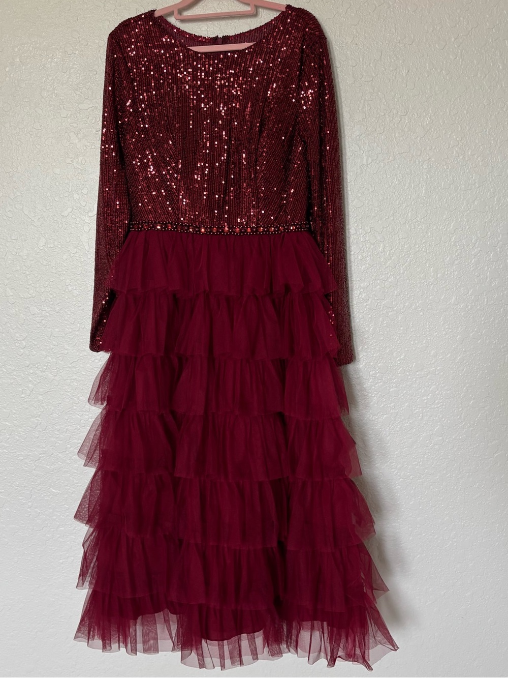 IEENA for Mac Duggal Style 26299 Burgundy Sequin Bodice Tiered Tulle Midi Dress - Picture 11 of 16
